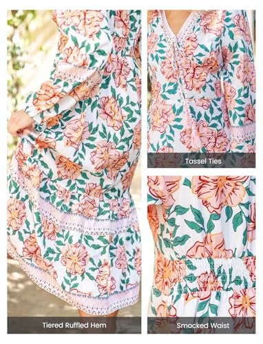 Image of Sunny Spirit Womens Maxi Boho Dresses Floral Print Summer V Neck 2025 Flowy Tassel Long Casual Dress with Long Puff Sleeves