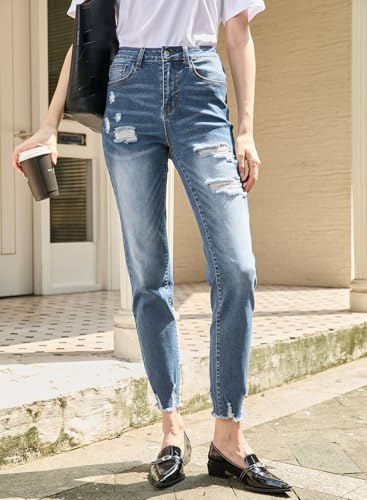 Sidefeel Women's Ripped Jeans Straight Leg Loose Distressed Boyfriend Zimbaplatinum Denim Pants3