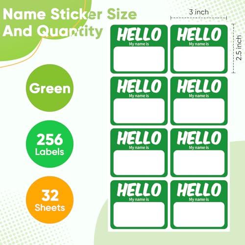 Image of 256 Pcs Name Tags Sticker 3 inchx2.5 inch Hello My Name is Stickers, Green Name Labels Adhesive Identification Name Badges for School, Office, Meeting, Family Parties, Mailing
