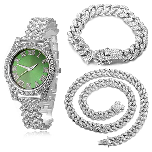 Image of Halukakah Diamonds Gold Watch Iced Out, Kid's 18K Real Gold /Platinum White Gold Plated 36MM Width Green /Blue /Red Dial Quartz Wristband 8 inch with Cuban Link Chain 7 inch+16 inch Bracelet, Free Giftbox