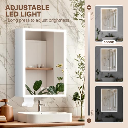 خزانة مراة حمام تثبت على الحائط من تيانكينوك - خزانة مراة قابلة للتعتيم مع اضواء LED - خزائن حمام مع وظيفة ذاكرة مضادة للضباب - ارفف قابلة للتعديل ومستشعر لمس وتخزين مخفي