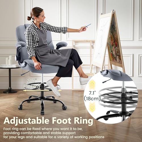 Image of Drafting Chair 500Lbs, Tall Office Chair for Standing Desk, High PU Leather Executive Office Chair with Flip-up Armrests, Ergonomic High Chair with Adjustable Foot Ring, Comfy Stool Chairs, Grey