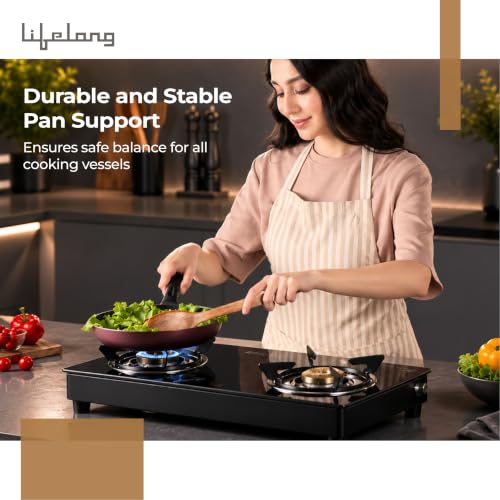 Image of Lifelong 2 Burner Gas Stove Top for Kitchen - Brass Burner Manual Ignition Cooktop Modern Glass Stove for Modular Kitchen, ISI Certified & Compatible with LPG - 1 Year Manufacturer's Warranty(LLGS002)