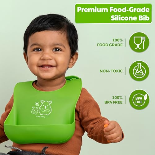 Image of A Baby Cherry - Baby Bibs | Bib for Baby | Comfortable Soft, Durable, Easy Wipe, Waterproof, Adjustable Neckline Buttons | Silicone Bib for Feeding Infants and Toddlers (6M to 5Y) Set of 1