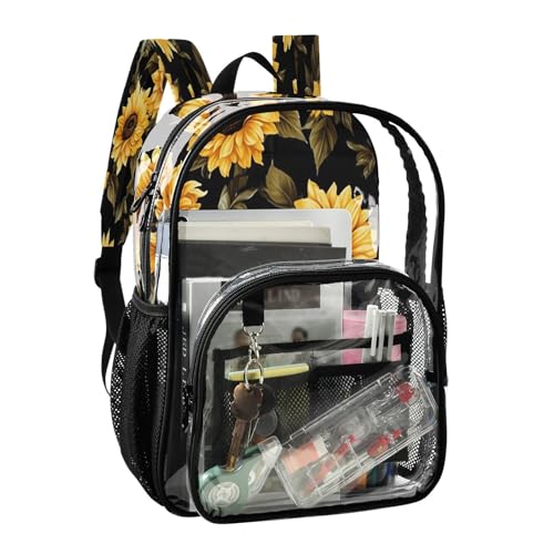 Black Sunflower Clear Backpack - Stadium Approved Large 15.7-inch Waterproof Transparent Bag for Sports, Concerts, Work, Travel#3372