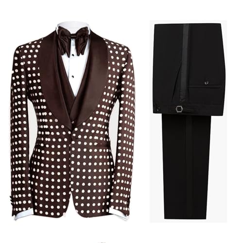 Men's Formal 3 Pieces Polka Dots Slim Fit Shawl Lapel One Button Tuxedo Jacket Blazer Pants for Wedding Grooms Prom
