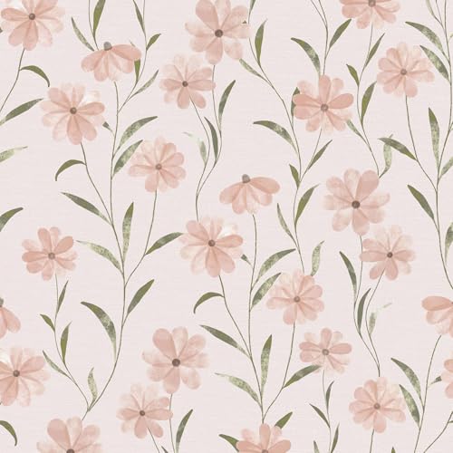Image of HueBurst 17.3"x118" Pink Floral Wallpaper Peel and Stick Daisy Flower Nursery Wallpaper Self Adhesive Floral Contact Paper Pink and Green Leaf Wall Paper Removable Stick on Wall Decor Renter Friendly