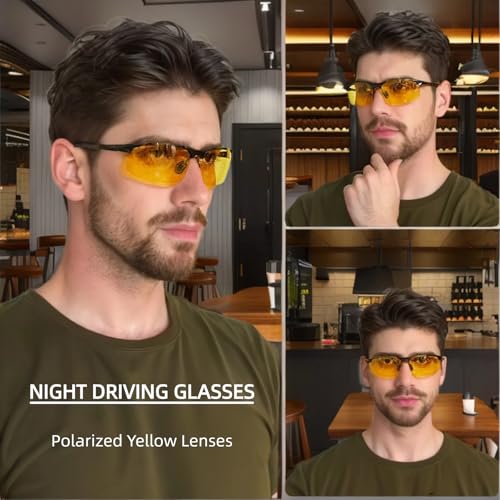 LVIOE Night Vision Glasses for Driving Men Al-Mg Sports Glasses Yellow Anti Glare Polarized Metal Wraparound Frame N81772