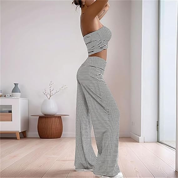 Women's Going out Navel-Baring Short Striped Tube Top Two-Piece Set, Strapless Top and Pants Set Striped Two Piece Set3
