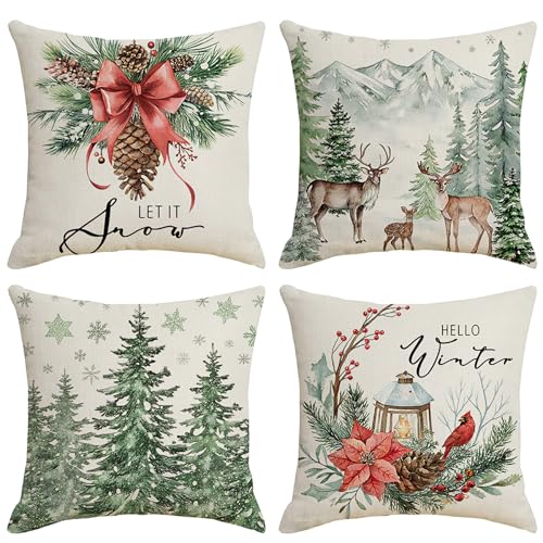 Ni-JASW Christmas Throw Pillow Covers 18x18 inch Set of 4, Watercolor Trees Deer Pinecones Snowflakes Let It Snow Xmas Winter Pillow Cases for Couch Sofa Decor