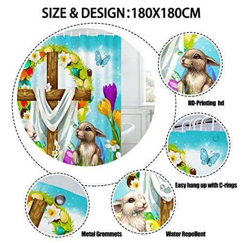 Cyrekud 72" X 72" Easter Shower Curtain Whises He Is Risen The Cross On Spring Floral Easter Bathroom Set Easter Cute Bunny Home Bath Bathtub Decor Durable Fabric Machine Washable With 12 Hooks #TOP3