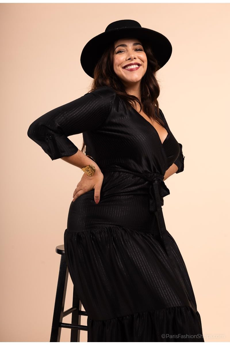 MULTIPLES Robe Longue Cache-cœur satinée Fluide Noir, Grande Taille Disponible, Fabriqué en France