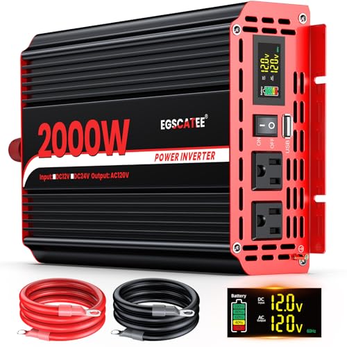2000W Power Inverter 12V DC to 110V/120V AC Converter Peak Power 4000W Car Inverter with LCD Display 2 AC Outlets 3.1A USB Port for Vehicles Camping Travel Emergency Use