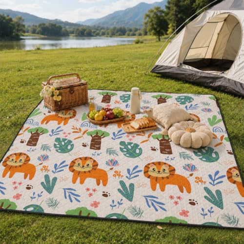 Yunora レジャーシート 厚手 ピクニックマット 両面防水 3層構造 大判 150*200cm 200*200cm 子供用 可愛い柄 レジャー 運動会 ピクニックマット 花見 遠足 たたみやすい 卷き取り式 収納可 (ライオン, 150*200cm)