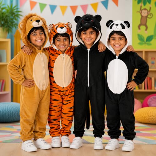 Image of Raj Costume Animal Fancy Dress Costume for Boys & Girls | Hooded Full Body Wildlife Zoo Animal Jumpsuit | Soft Costume for School Function, Fancy Dress, Halloween, Birthday, Cosplay & Role Play