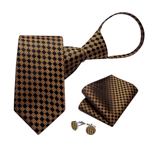 Image of DiBanGu Mens Zipper Ties Silk Adjustable Necktie Pocket Square | Paisley /Striped Pattern,Pre-tied Gift Tie Sets,Jacquard Woven,Pocket Square Cufflinks,Great for Formal & Business Wedding