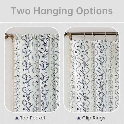 Image of Boho Curtains 63 Inch Long for Living Room, Bedroom, 2 Panels Floral Farmhouse Vintage Tassel Semi Sheer Light Filtering Privacy Window Curtain Drapes with Rod Pocket, Navy