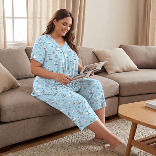 Image of Bestbee Women's Pajama Sets 2 Piece Lounge Outfits Summer Sleepwear V Neck Short Sleeve Capri Pant With Pockets Ladies Pjs
