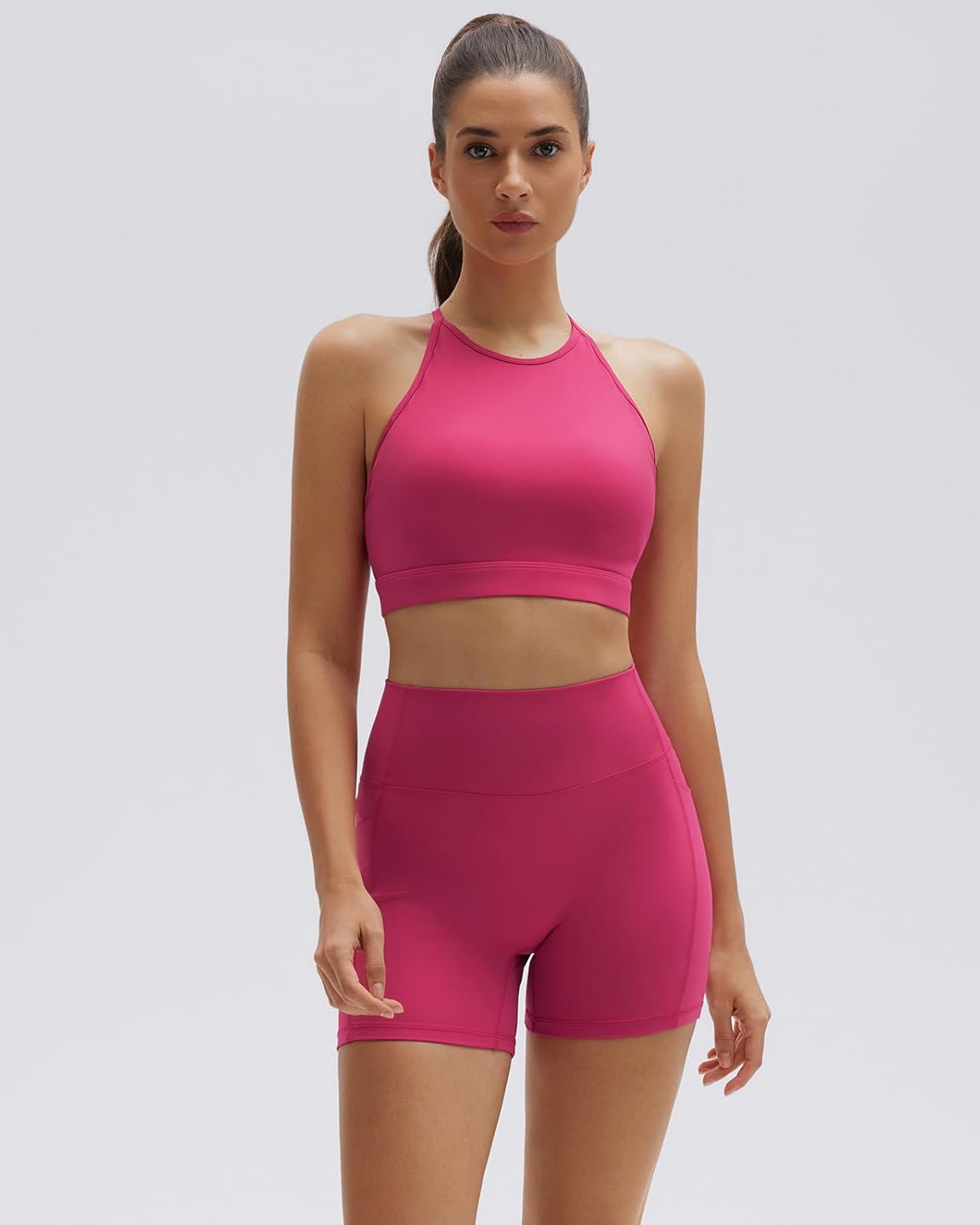 SUUKSESS Womens Workout Set Crew Neck Strappy Sports Bra Tank High Waist Tummy Control Bike Short Outfit - Image 2