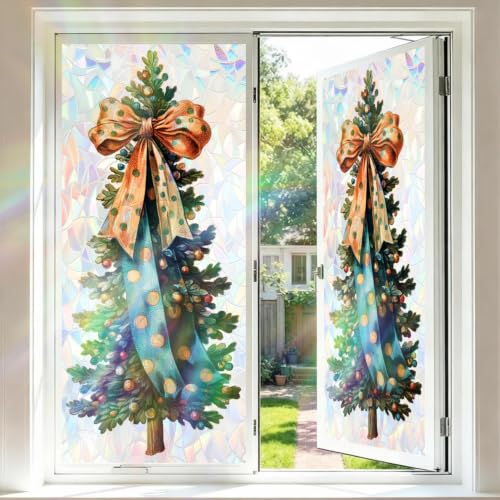 Image of Christmas Tree Polkadot Bow Holographic Window Film 17.32x39.37in