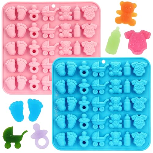 2 Pack Baby Shower Chocolate Molds Babies Silicone Candy Molds with Onesie Feet Pacifier Cradles Bear Bottle Babies Chocolate Molds for Party Cake Candy Gummy Cupcake Topper Decorations (Baby)