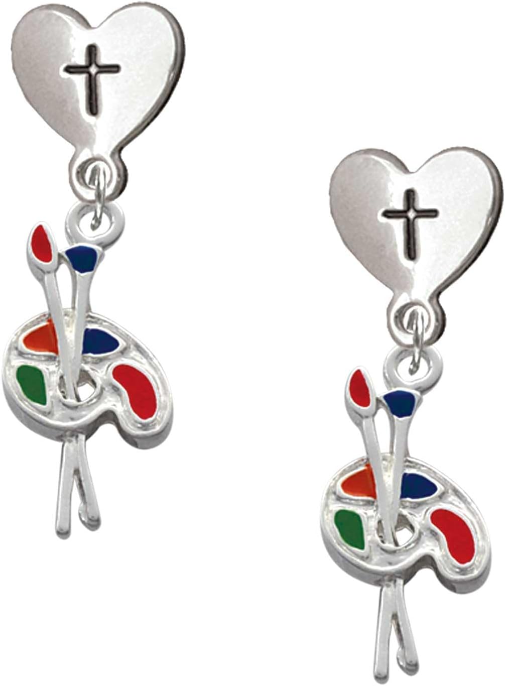 Delight Jewelry Silvertone Paint Palette Cross in Heart Post Dangle Earrings