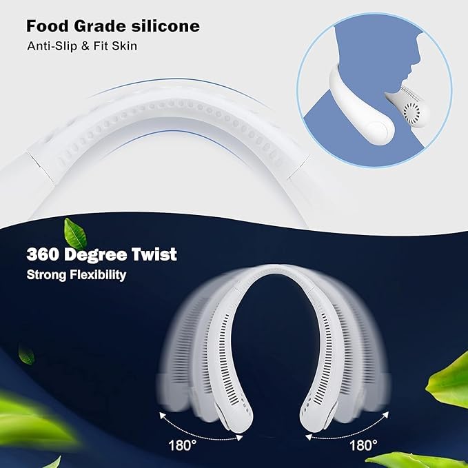 Image of Portable Neck Fan Rechargeable - Hands-Free Neck Fan for Summer With 1500 mAh Battery & Display | 5-Speed 360 Airflow, USB Charging Personal Fan for Home, Kitchen, Gym, Travel, Running -White