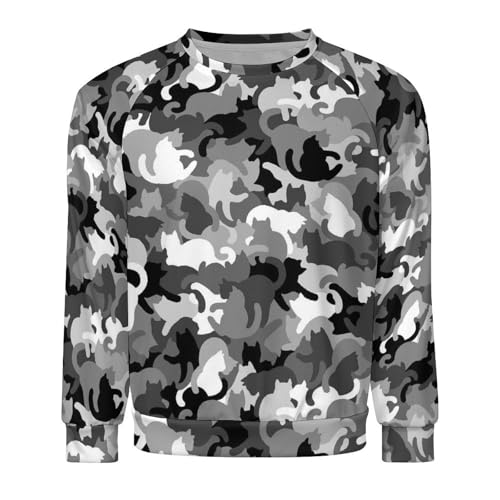 VOSERY Grey Cat Camouflage Sweatshirt for Men, Crewneck Mens Hoodies, Long Sleeve Pullover Sweaters Casual Tops3