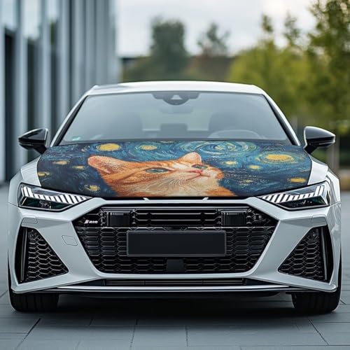 Image of Starry Sky Cat Car Hood Cover Weatherproof Automotive Exterior Accessories Universal Fit Hood Covers for Cars, Trucks, SUV, or Van Full Coverage with Elastic Band