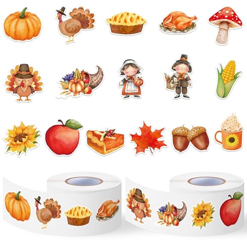 Haooryx Thanksgiving Watercolor Sticker Roll - 1000Pcs (2 Rolls) Thanksgiving Theme Autumn Element Sticker, Waterproof Self-Adhesive, for Kid DIY Party Favor Supplies School Teacher Classroom Reward