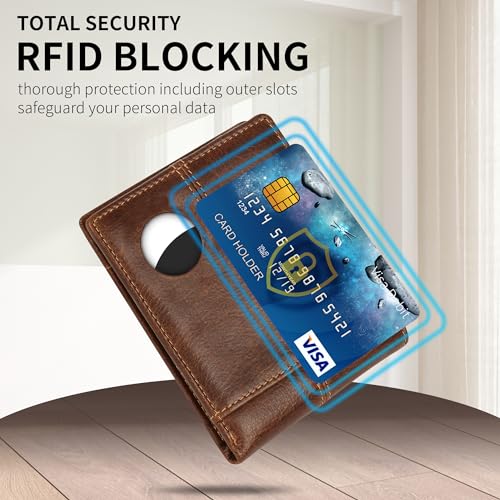 Swallowmall AirTag Wallet Mens RFID Blocking Genuine Bifold Leather Wallets for air tag Men's Wallet with 1 ID Window 15 Card Slots (Airtag Not included)3