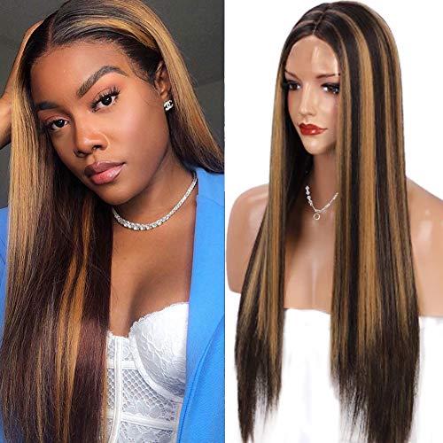 Nice2CU Long Straight Blonde Highlight Wigs Synthetic Middle Part Mix Color Wigs (26 inch) Ombre Blonde Highlights Wigs Natural looking Daily Party Use Heat Resistant Fiber