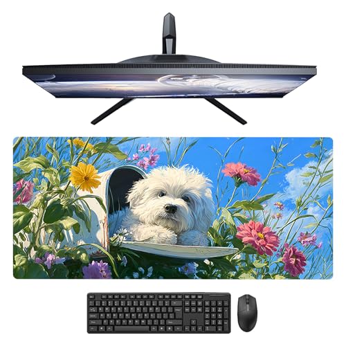 Image of Nuxovilar Professional Large Mouse Pad & Computer Game Mouse Mat (35.4x15.7IN, Floral Puppy Art) (90 * 40cm Floral Puppy)