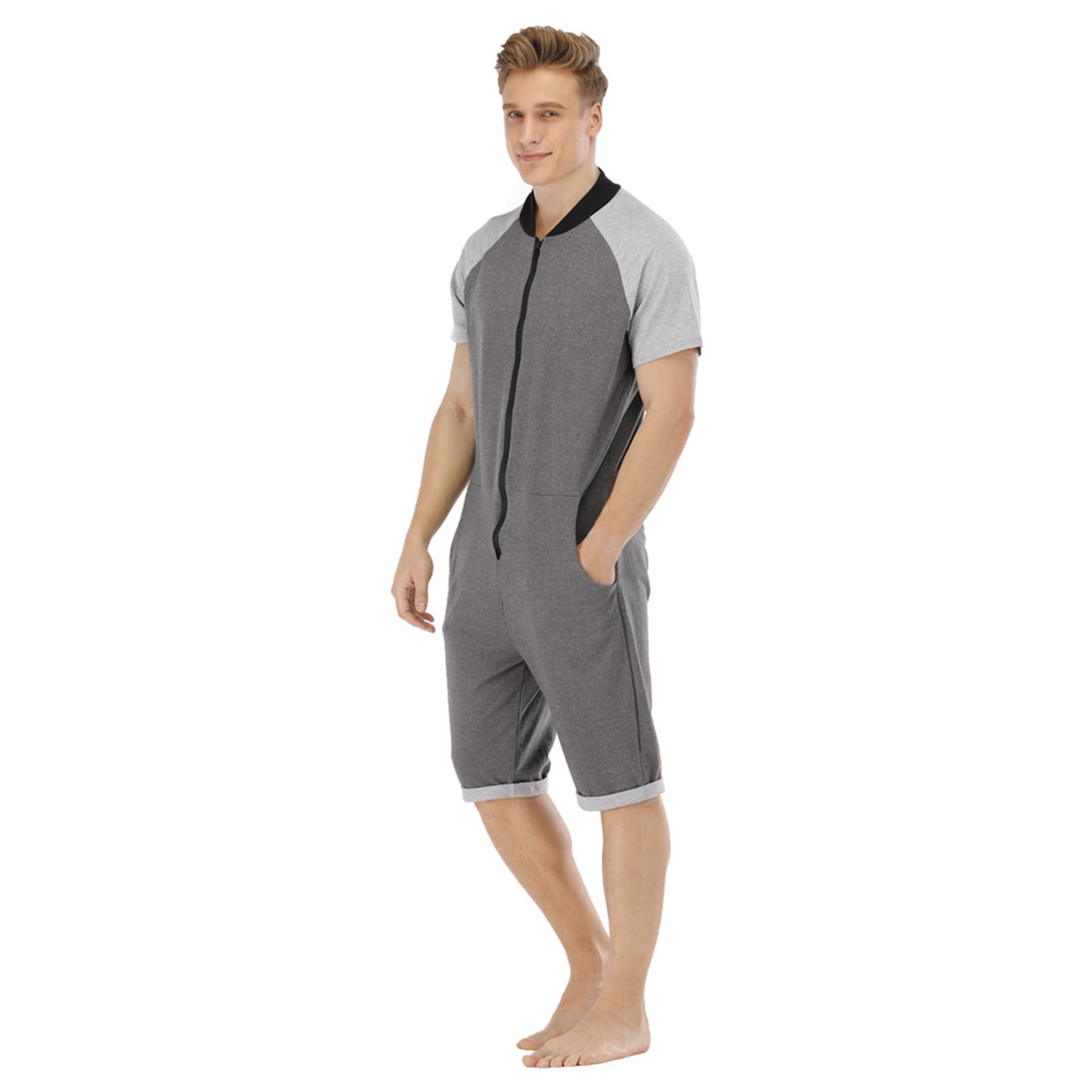 Pijama Corto Hombre Verano Una Pieza Pijamas Mono Entero con Capucha Manga Cortas Verano Jumpsuit Adulto Onesie Ropa de Casa Dormir