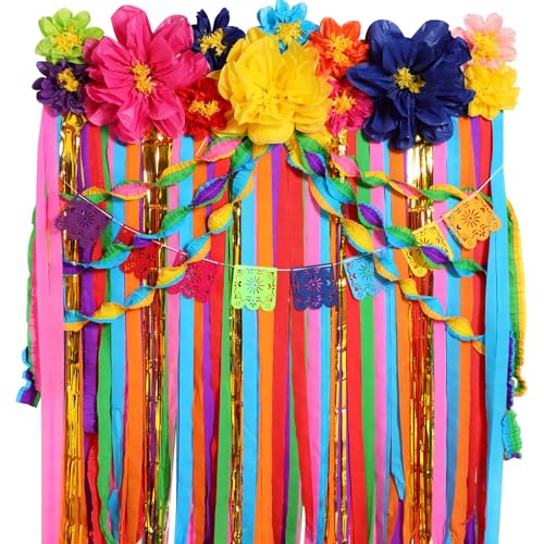 Image of TaoBary 28 Pcs Mexican Party Decorations Set Mexican Paper Flowers Fiesta Ruffled Streamer Backdrop Papel Picado Banner Mexico Party Decorations for Cinco De Mayo Decor(Multicolored,Fresh)