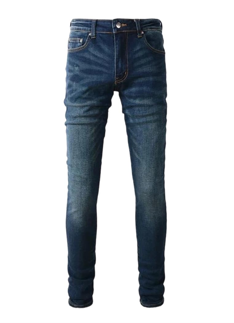 Mens Designer Washed Blue Jeans Nostalgic Stretch Slim Fit Denim Pants High Street Hip Hop Fashion