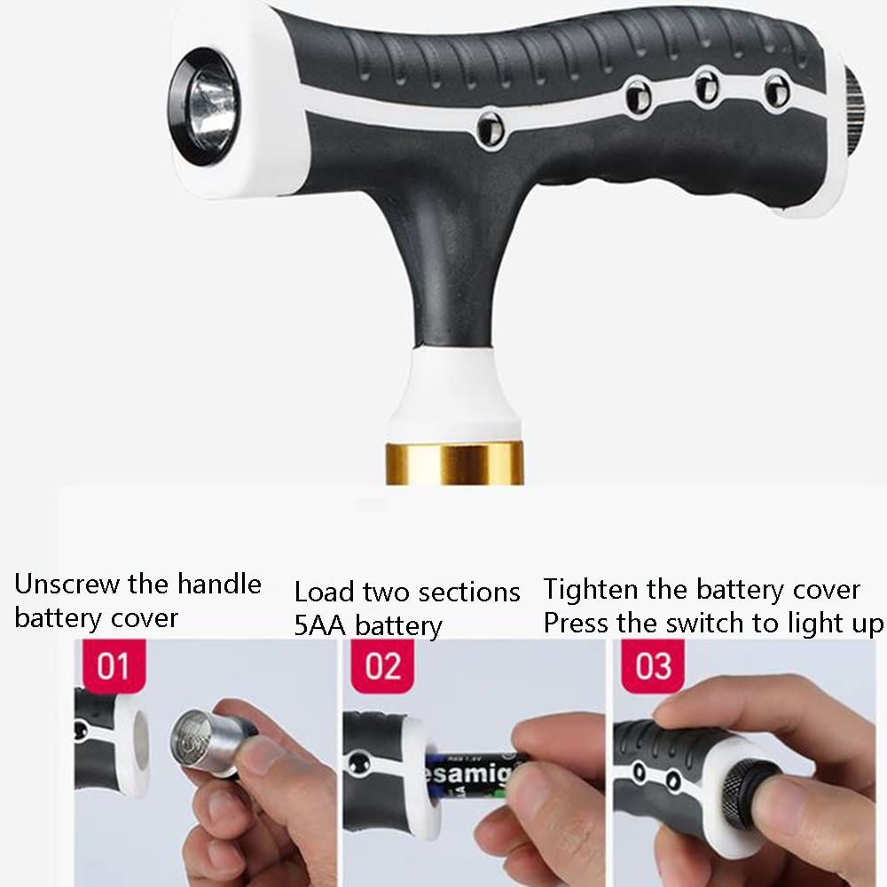 Bastón para Mujer Hombre, Bastón De 220 Libras Muletas Telescópicas con Luz Led, Bastón Independiente Portátil, Altura Ajustable (Color : Black, Size : One Foot)