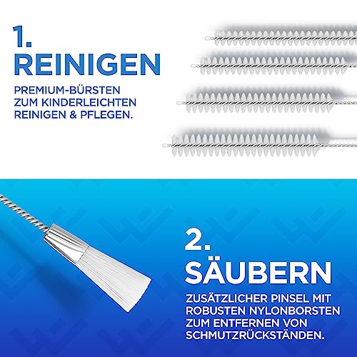 LOBENSWERK Reinigungsbürsten Set weiß [XXL - 25cm] mit 7 Bürsten und 1 Pinsel - Für kleine Zwischenräume, Milchschlauchbürste, Strohhalm Bürste + Aufbewahrungshülle