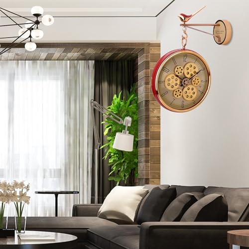 Image of Amazon Brand - Umi Silent Hanging Double Sided Wall Clock for Living Room Station Clock Two Faces Moving Gear Stylish Wall Clock for Hallway Office Home Decor 33 x 83 cm UC-13489 (Red)