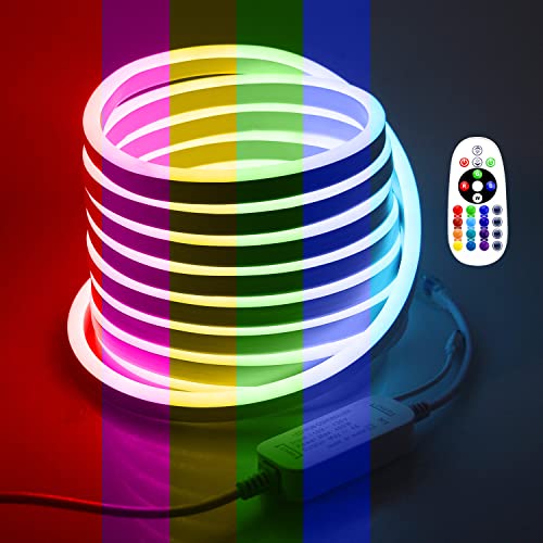 Image of RGB LED Neon Strip Lights 16.4FT /5M Outdoor Waterproof Neon LED Rope Light AC 110V~130V Color Change Dimmable Flexible Led Rope Lights with Remote Controller for Bedroom Game Room Home Decor