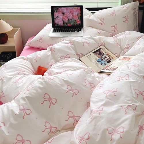 Image of Nayoroom Pink Bow Duvet Cover Twin Size Polka Dot Bowknot Coquette Duvet Cover 2 Pieces Soft Lightweight Microfiber Girls Cute Aesthetic Dorm Bedding Set