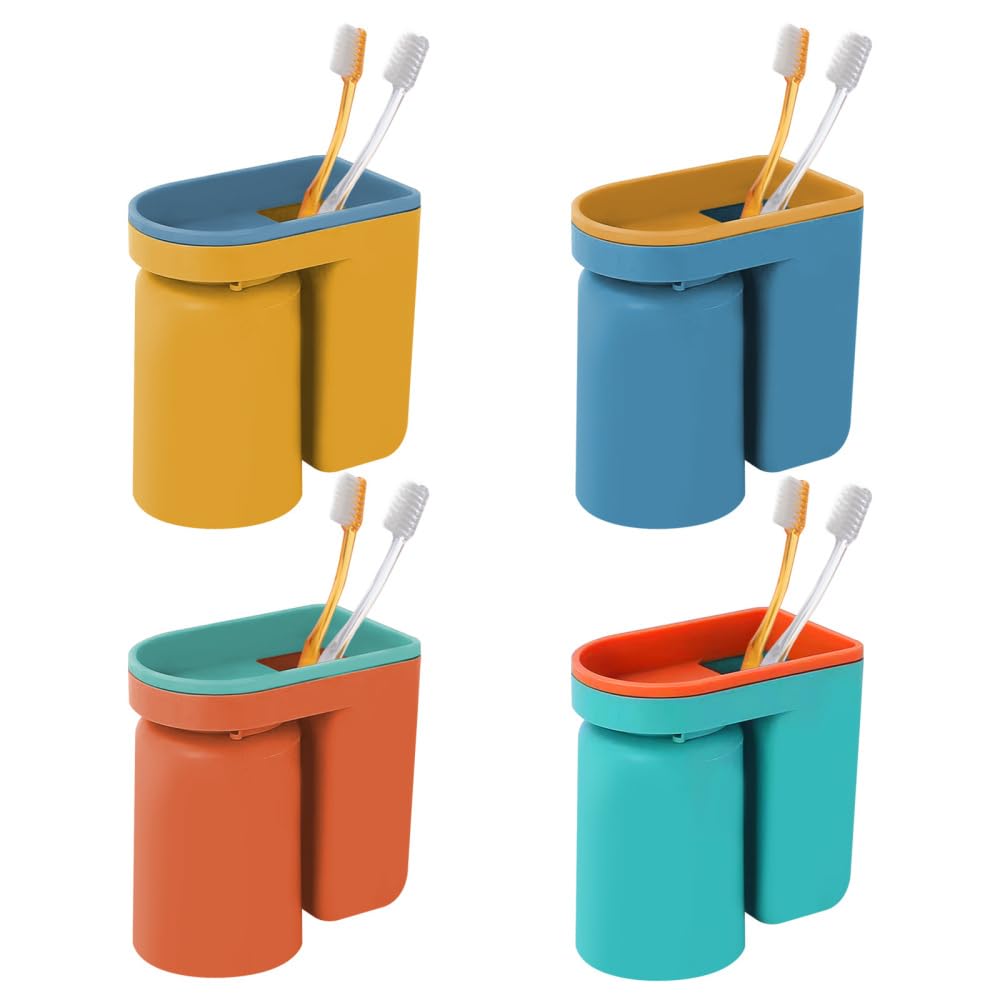 Dongker Four Color Combinations Toothbrush Holder,Stick-On Wall Mounted Toothpaste Holders With Toothbrush Cup& Drainage Holes For Bathroom Toothbrushs Toothpaste（Toothbrush Not Include）