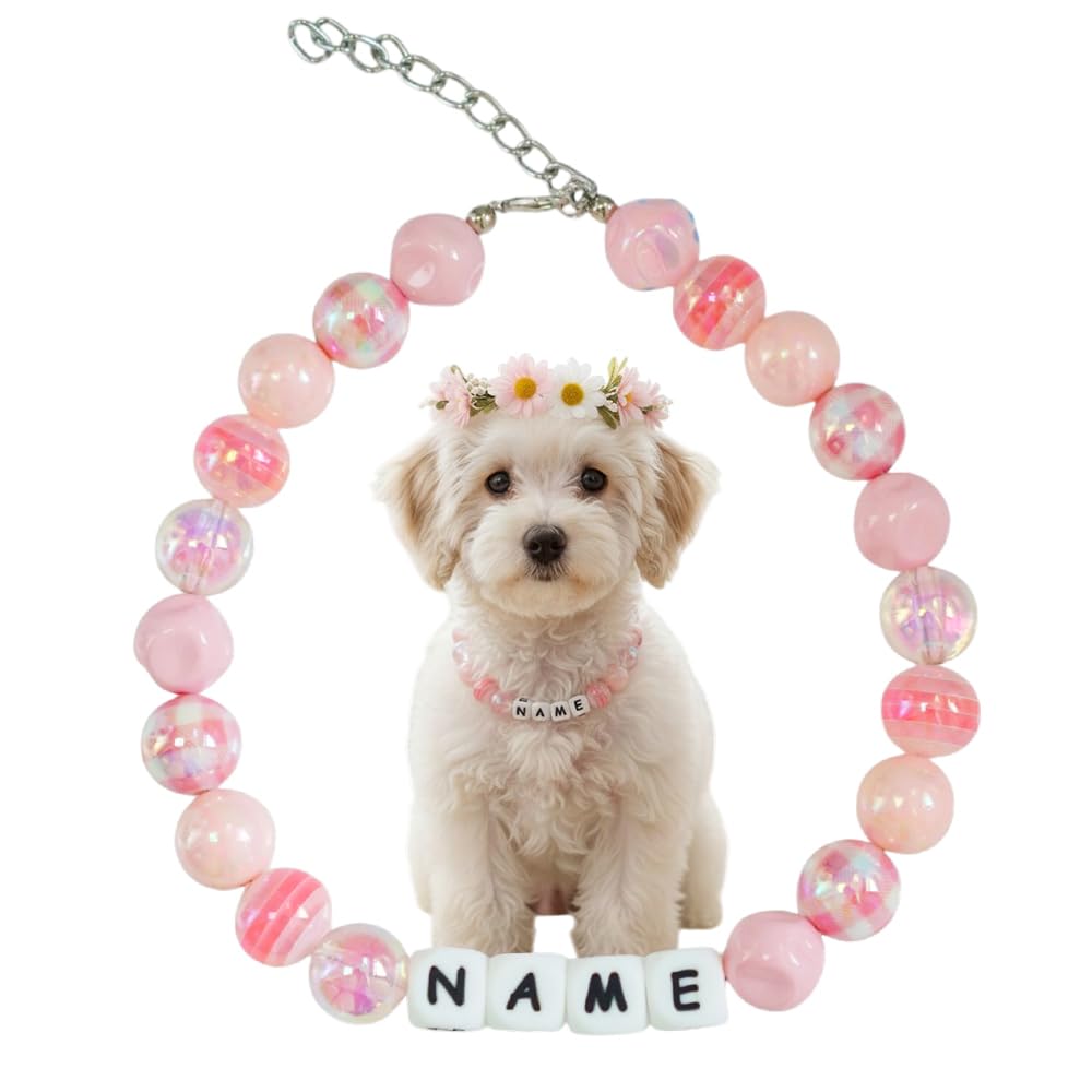 Personalised Beaded Dog Collar, Cute & Fashionable Pet Collar with Buckle, Custom Name for Dogs & Cats
