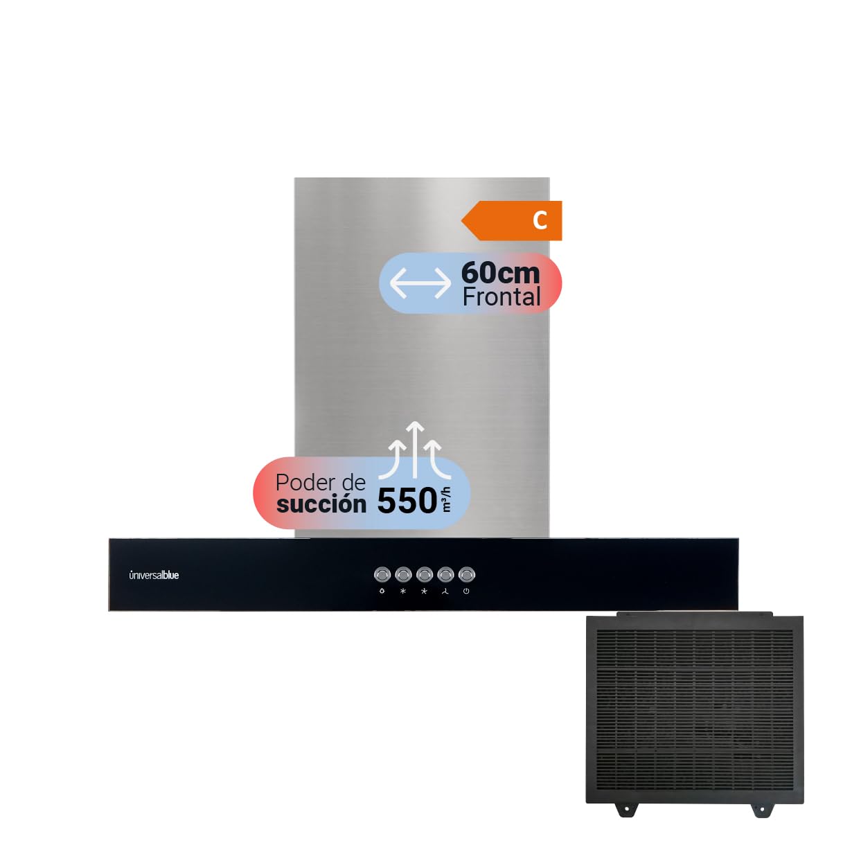 UNIVERSALBLUE Campana Extractora 60 cm Decorativa con Frontal en Cristal Negro | Potencia 550 m³/h | Extractor de Humos Eléctrico | Campana Extractora T de Pared para Cocina