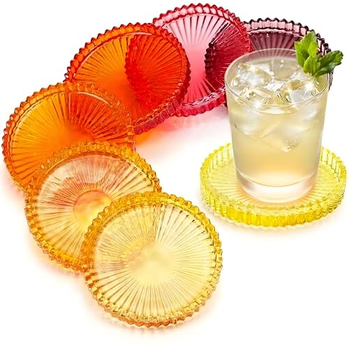 Queekay 6 Set Glass Coasters for Drinks Colored Vintage Glass ...