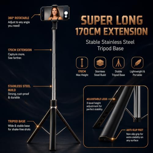 Image of Selfie Stick Tripod 67 Inch Long with Bluetooth Remote & Stable Base - 3-in-1 Multifunctional Design for Selfies, Vlogging, Photo Shoots and Makeup for Phones | 3-in-1 Multifunctional, Foldable Design, Metal Build, Smartphone Compatible, 1 Year Warranty