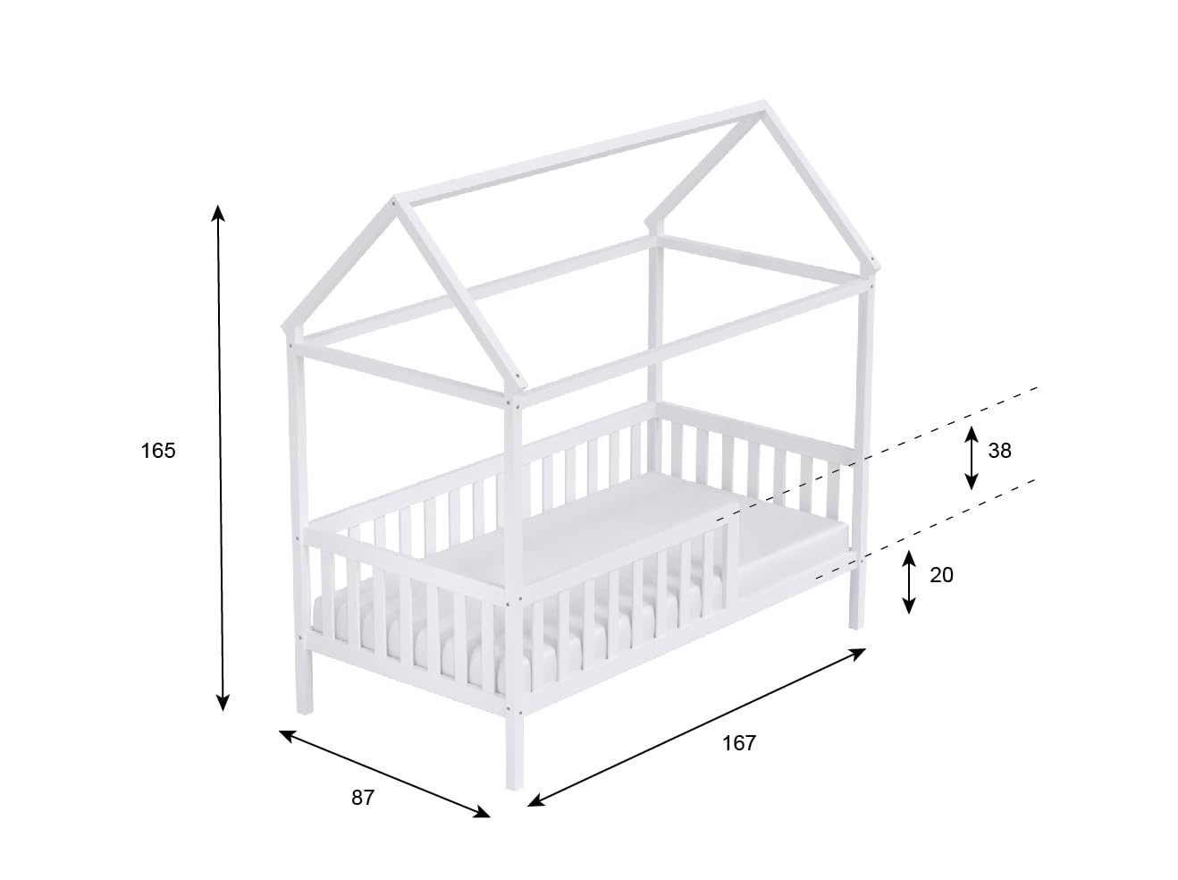 Love For Sleep Cuna Convertible en Cama 160x80cm Cama con Forma De Casa, Estructura De Cama Infantil, Cama Acogedora para Niños Pino JUNBED Juego Completo de Cuna - Cuna Cama Bebe Convertible