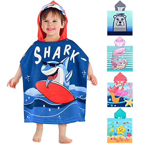 VOBUKE Toallas Baño de Bebé, Toalla de Playa con Capucha Diseño Súper Suave Absorbente Secado Rapido Toalla de Poncho Albornoz para Niñas Niños de 0 a 7 Años (Tiburón)