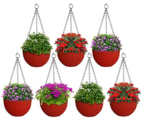 Image of Heat Home Plastic Hanging Flower Pot for Balcony & Railing Set (Red, Set of 7)