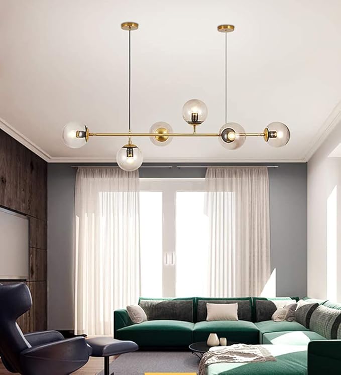 BUNCC Industriële bal glazen lampenkap 6-weg hanglamp fittingen, eettafel kroonluchter woonkamer hangende lamp verstelbare hoogte E27 hanglamp kroonluchter voor keuken, bar, eetkamer